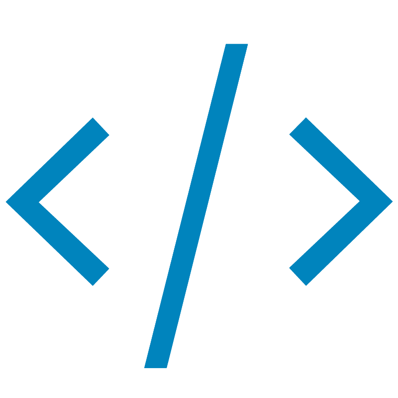 Blue icon of a code symbol.