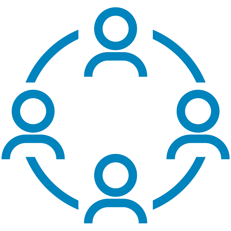 Blue icon of figures connected by a cirlce.