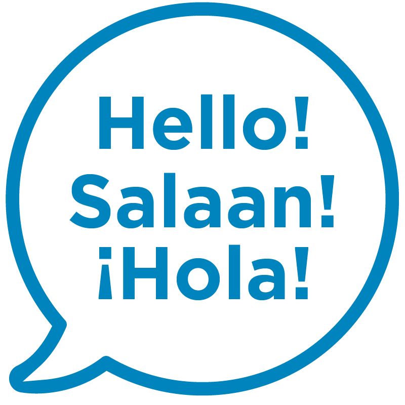 Blue speech bubble icon with 'Hello@ Salaan! Hola!' written in the middle.