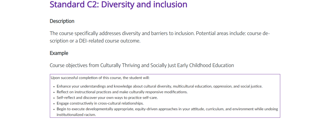 Description and example of course objectives for Standard C2 diversity and inclusion.
